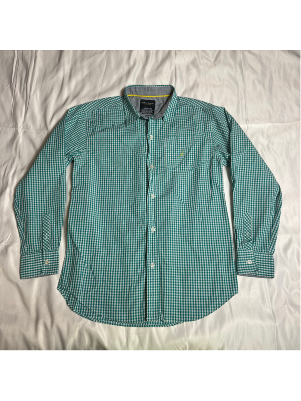 Boys Nautica Button Down Shirt Size L 14/16 Green White Gingham Check